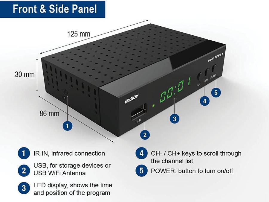 Edision Picco T265+ — panel frontal y dimensiones